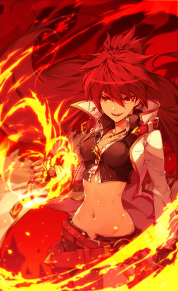 Anime picture 1600x2603 with elsword elesis (elsword) blazing heart (elsword) hwansang single long hair tall image looking at viewer breasts open mouth smile red eyes cleavage red hair open clothes open jacket teeth bare belly midriff fang (fangs)