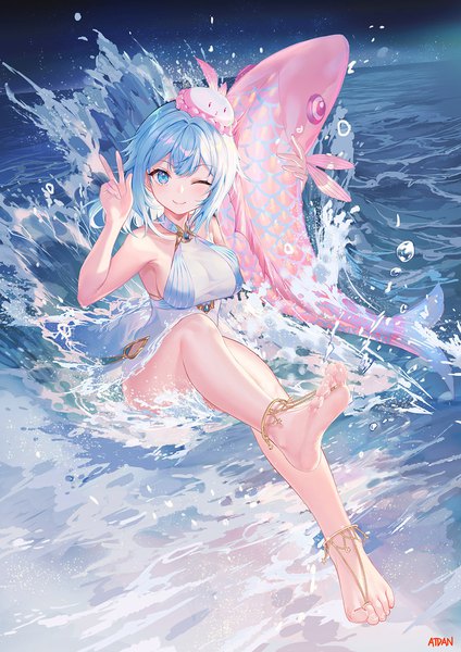 Anime-Bild 1131x1600 mit vocaloid synthesizer v haiyi atdan single tall image looking at viewer blush fringe short hair breasts blue eyes light erotic smile large breasts sitting holding signed blue hair full body