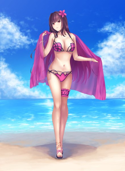 Anime picture 3541x4822 with fate (series) fate/grand order scathach (fate) (all) scathach (swimsuit assassin) (fate) takinashi (friend coffee) single long hair tall image looking at viewer fringe highres breasts light erotic red eyes large breasts standing holding absurdres sky cleavage