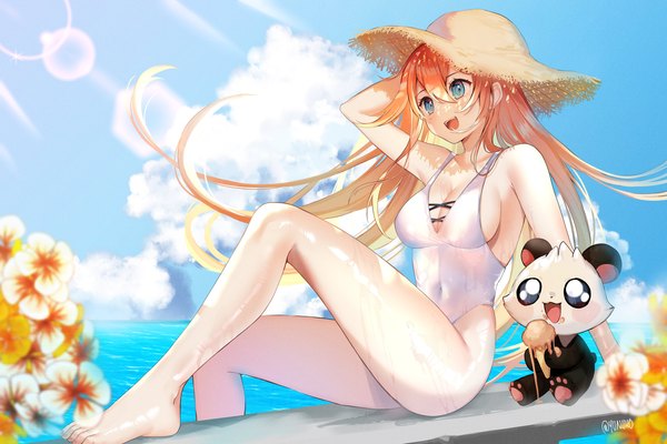 Anime picture 3438x2293 with original samantha (admiral bahroo) umeru (admiral bahroo) yuniiho single long hair fringe highres breasts open mouth blue eyes light erotic smile hair between eyes large breasts sitting absurdres sky cloud (clouds) bent knee (knees)