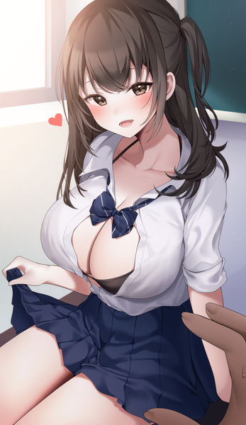 Anime picture 1600x2769 with original reel (riru) long hair tall image looking at viewer blush fringe breasts open mouth light erotic smile brown hair large breasts sitting brown eyes payot cleavage indoors head tilt :d