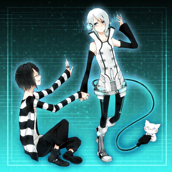 Anime picture 1500x1500 with vocaloid nico nico singer utatane piko piko (nico nico singer) tagme (artist) short hair black hair standing sitting bare shoulders white hair eyes closed profile multiple boys holding hands striped framed boy detached sleeves boots