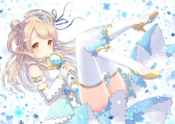 Anime picture 1400x995 with love live! school idol project sunrise (studio) love live! minami kotori sakuramochi n single long hair looking at viewer fringe blonde hair yellow eyes full body sparkle one side up leg lift (legs lift) cute girl thighhighs dress white thighhighs