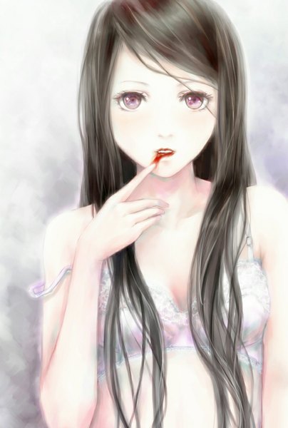Anime picture 674x1000 with original nuwanko single long hair tall image looking at viewer light erotic black hair purple eyes lipstick finger to mouth girl lingerie bra