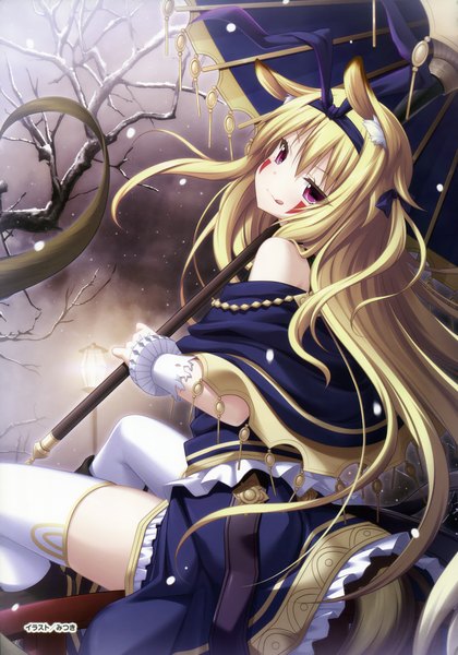 Anime picture 2442x3485 with tenbin no la dea eushully valefor yano mitsuki single long hair tall image highres blonde hair purple eyes animal ears tail animal tail scan facial mark girl thighhighs dress plant (plants) white thighhighs