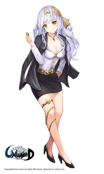 Anime picture 900x1500 with unleashed lunacle single long hair tall image looking at viewer fringe breasts simple background smile standing white background holding brown eyes cleavage silver hair full body long sleeves head tilt arm up