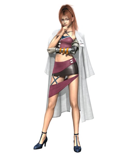 Anime picture 2500x3000 with final fantasy vii shalua rui single long hair tall image looking at viewer highres simple background brown hair standing white background green eyes ponytail open clothes open jacket girl skirt gloves navel glasses