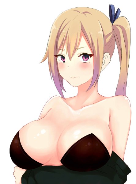 Anime picture 889x1200 with musaigen no phantom world kawakami mai aurum saki single long hair tall image looking at viewer blush breasts light erotic simple background blonde hair large breasts white background bare shoulders pink hair upper body pink eyes multicolored hair side ponytail