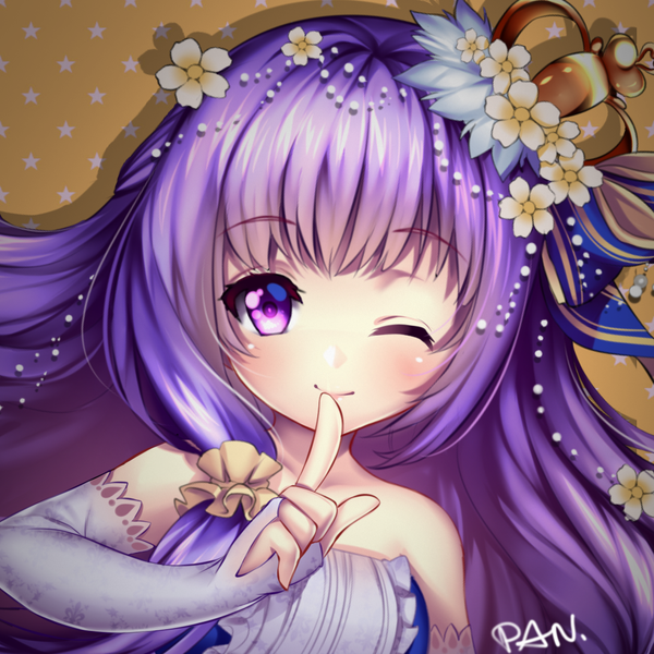 Anime picture 1024x1024 with original kashi kosugi single long hair looking at viewer blush simple background smile purple eyes signed one eye closed hair flower wink finger to mouth portrait yellow background girl dress hair ornament flower (flowers)