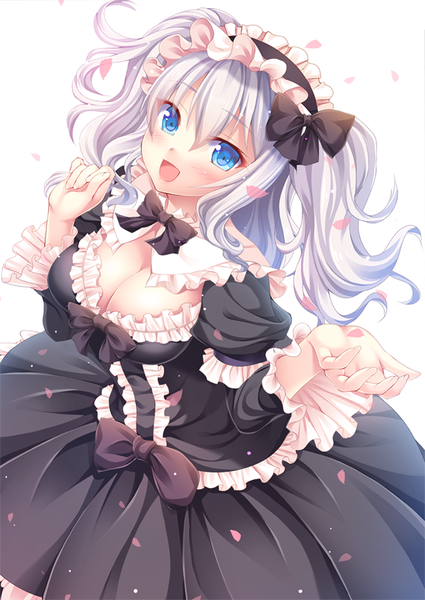 Anime picture 637x900 with kantai collection kashima training cruiser izumi akane single long hair tall image looking at viewer blush fringe breasts open mouth blue eyes hair between eyes white background twintails cleavage silver hair from above girl dress