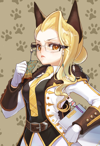 Anime picture 624x913 with ar:piel single long hair tall image looking at viewer breasts blonde hair holding animal ears yellow eyes hand on hip serious brown background paw print animal eyes girl gloves uniform glasses necktie