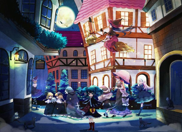 Anime picture 1600x1160 with original hara yui blonde hair twintails night group flying twins witch girl hat animal boots bird (birds) moon umbrella headband cat witch hat
