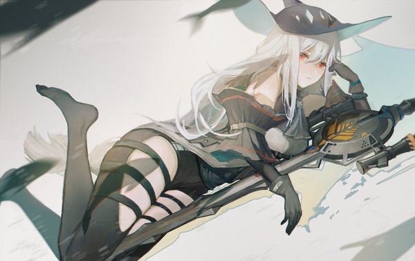 Anime picture 1720x1080 with arknights skadi (arknights) lizette single fringe highres hair between eyes red eyes white hair lying very long hair no shoes on side head rest girl gloves hat detached sleeves black gloves