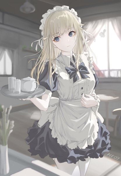 Anime picture 2430x3508 with original nroy- single long hair tall image fringe highres blue eyes blonde hair standing holding signed looking away indoors head tilt sunlight maid puffy sleeves girl dress