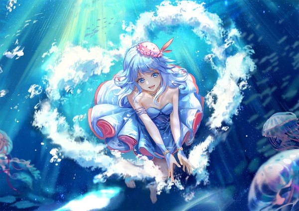 Anime picture 2100x1485 with vocaloid synthesizer v haiyi achyue single long hair looking at viewer blush fringe highres open mouth blue eyes bare shoulders blue hair full body barefoot underwater girl dress hat