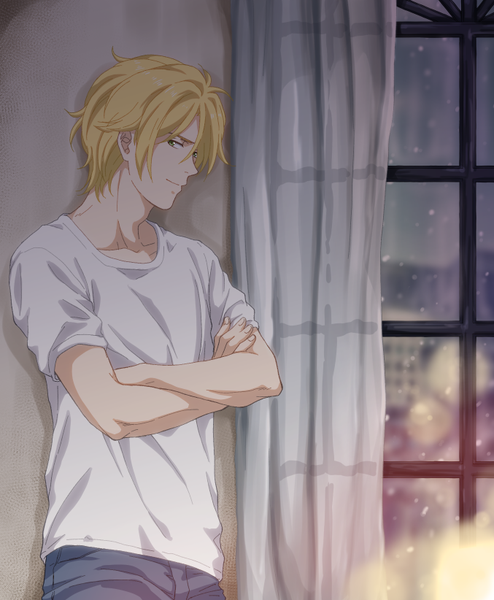 Anime picture 677x822 with banana fish mappa ash lynx sawa nya single tall image looking at viewer fringe short hair blonde hair smile hair between eyes standing green eyes indoors lens flare crossed arms boy window curtains
