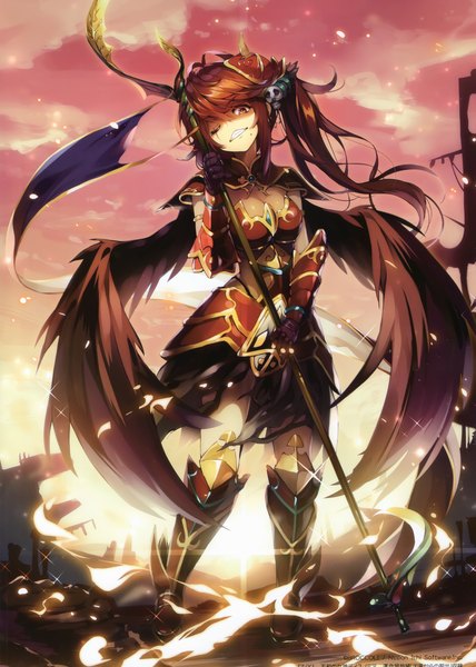 Anime picture 2426x3400 with z/x zillions of enemy x senji (tegone spike) single long hair tall image looking at viewer fringe highres smile brown hair standing holding brown eyes cloud (clouds) full body one eye closed scan mole copyright name side ponytail