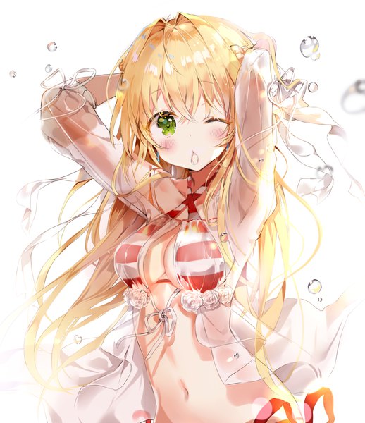 Anime picture 1000x1158 with fate (series) fate/grand order fate/extra nero claudius (fate) (all) nero claudius (swimsuit caster) (fate) b rock single long hair tall image looking at viewer blush fringe light erotic simple background blonde hair hair between eyes white background holding green eyes one eye closed