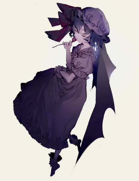 Anime picture 1000x1300 with touhou remilia scarlet tian (my dear) single tall image fringe short hair simple background hair between eyes blue hair full body eyes closed puffy sleeves bat wings yellow background girl dress flower (flowers) hat wings
