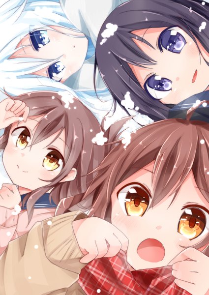 Anime picture 1000x1412 with kantai collection hibiki destroyer akatsuki destroyer inazuma destroyer ikazuchi destroyer namekuji (namekuzu) long hair tall image looking at viewer blush fringe short hair open mouth blue eyes black hair smile hair between eyes brown hair purple eyes multiple girls