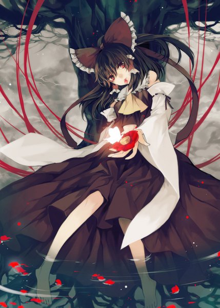 Anime-Bild 1200x1678 mit touhou hakurei reimu hina (pico) single long hair tall image looking at viewer black hair red eyes holding barefoot partially submerged mouth hold miko bare tree girl dress flower (flowers) ribbon (ribbons) bow