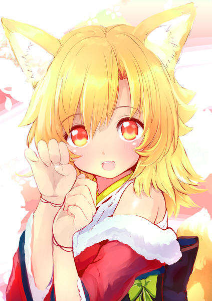 Anime picture 2116x3001 with original futaba akane naomi (sekai no hate no kissaten) single tall image looking at viewer blush fringe highres short hair open mouth blonde hair smile hair between eyes animal ears upper body tail traditional clothes :d japanese clothes