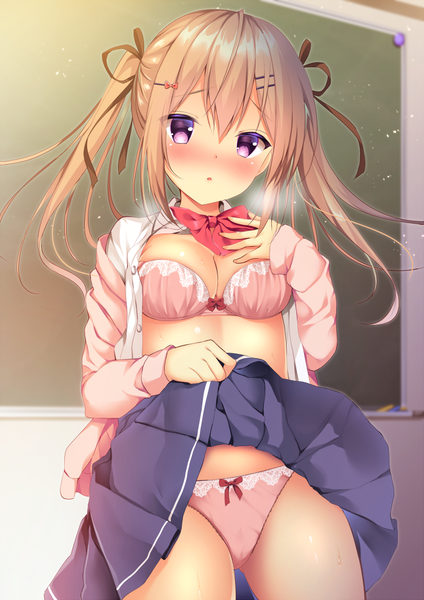 Anime picture 700x990 with original shibainu niki single long hair tall image looking at viewer blush fringe breasts open mouth light erotic hair between eyes brown hair standing purple eyes twintails holding payot indoors pleated skirt