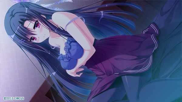 Anime picture 800x450 with d.s. -dal segno- circus (studio) murasaki hazuki single long hair looking at viewer blush fringe breasts light erotic black hair hair between eyes wide image large breasts sitting game cg pink eyes dutch angle embarrassed strap slip