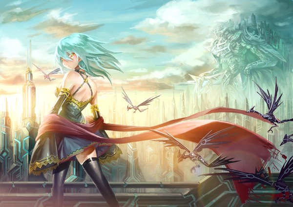 Anime picture 1654x1169 with original hokuto shinken (artist) short hair bare shoulders yellow eyes sky cloud (clouds) looking back aqua hair city girl thighhighs dress black thighhighs detached sleeves dragon