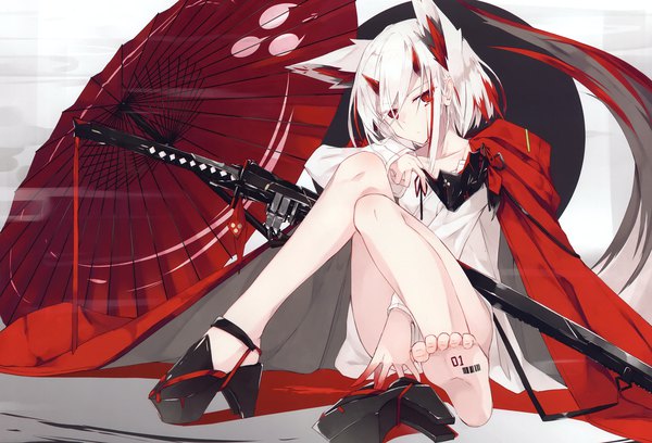 Anime picture 4218x2869 with original nagishiro mito single looking at viewer fringe highres short hair light erotic simple background red eyes sitting animal ears payot absurdres full body bent knee (knees) white hair tail long sleeves head tilt