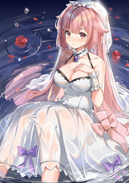 Anime-Bild 800x1130 mit girls frontline ntw-20 (girls frontline) bxr single tall image looking at viewer blush fringe sitting bare shoulders pink hair cleavage very long hair pink eyes from above sparkle wet partially submerged hand on chest wet clothes