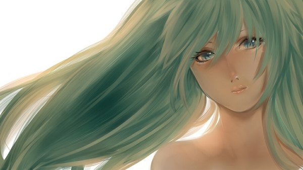 Anime picture 1000x562 with vocaloid hatsune miku domino (artist) single fringe simple background wide image white background twintails bare shoulders aqua eyes lips aqua hair girl