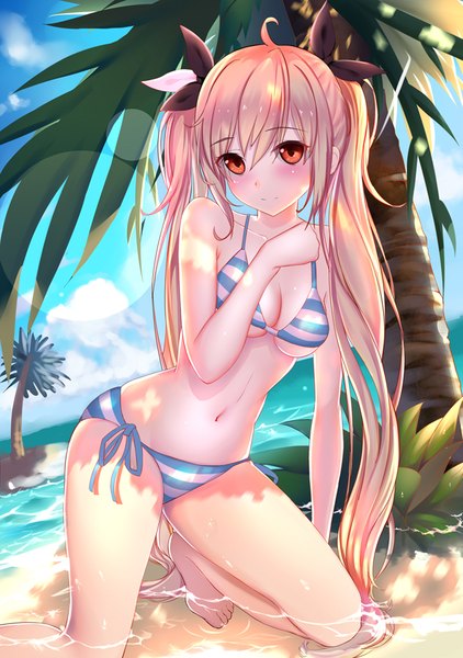 Anime picture 700x994 with original lunars single long hair tall image looking at viewer blush fringe breasts light erotic blonde hair hair between eyes red eyes twintails bare shoulders payot sky cloud (clouds) ahoge bent knee (knees)