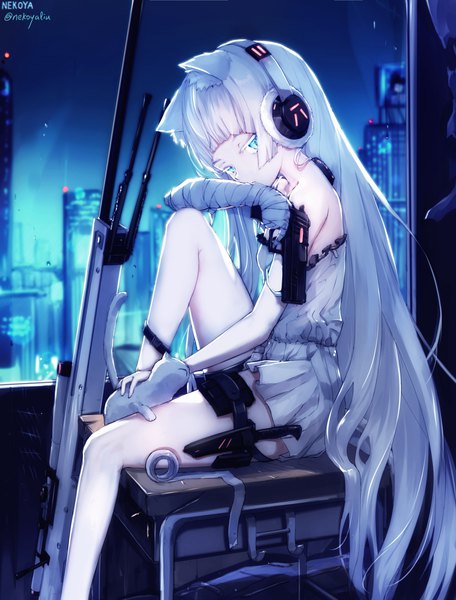 Anime picture 3800x5000 with girls frontline original awp (girls frontline) (nekoya (liu)) nekoya (liu) single tall image looking at viewer fringe highres blue eyes sitting holding signed animal ears payot absurdres bent knee (knees) white hair indoors tail
