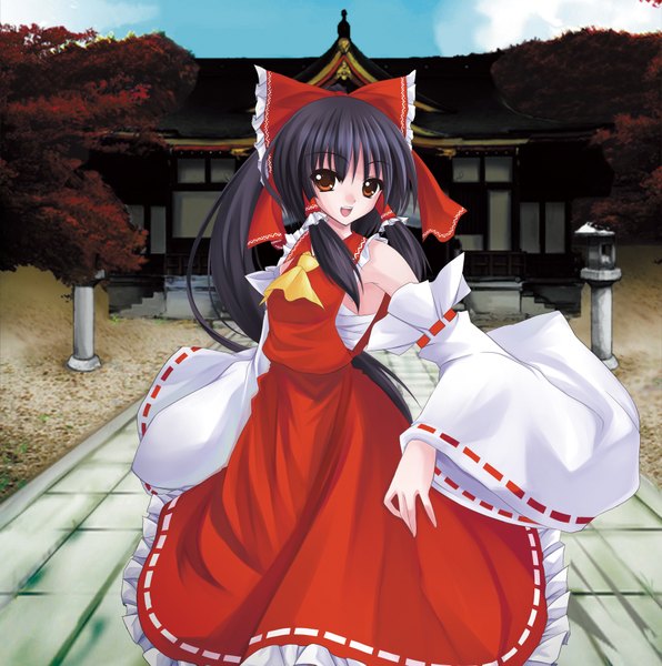 Anime picture 1860x1874 with touhou hakurei reimu utakata (kochou no yume) single long hair tall image looking at viewer highres open mouth black hair red eyes japanese clothes miko girl skirt bow hair bow detached sleeves skirt set shrine