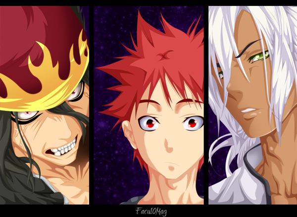 Anime picture 2466x1800 with shokugeki no soma j.c. staff yukihira souma hayama akira kurokiba ryou facu10mag long hair highres short hair black hair red eyes green eyes signed white hair red hair grin coloring dark skin close-up face