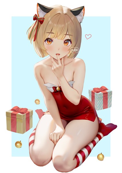 Anime picture 2480x3508 with original hana (jubi) jubi (regiana) single tall image looking at viewer highres short hair open mouth light erotic simple background blonde hair sitting bare shoulders signed animal ears cleavage cat ears orange eyes no shoes
