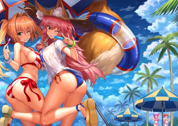 Anime picture 1300x927 with fate (series) fate/grand order fate/extra fate/extra ccc nero claudius (fate) (all) tamamo (fate) (all) fujimaru ritsuka (female) elizabeth bathory (fate) (all) nero claudius (swimsuit caster) (fate) tamamo no mae (swimsuit lancer) (fate) elizabeth bathory (fate) npcpepper long hair looking at viewer blush fringe short hair breasts open mouth light erotic