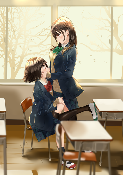 Anime picture 2067x2924 with original fujisaki ribbon long hair tall image blush fringe highres short hair hair between eyes brown hair standing sitting multiple girls yellow eyes full body bent knee (knees) indoors profile pleated skirt open clothes