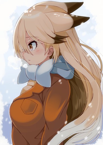 Anime picture 848x1200 with kemono friends ezo red fox (kemono friends) hidaka0503 single long hair tall image looking at viewer blush fringe breasts blonde hair simple background brown eyes animal ears upper body tail parted lips animal tail profile multicolored hair