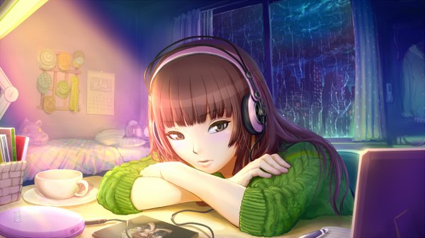 Anime picture 1280x720 with amagami real life kamizaki risa shiina ringo haitaka long hair brown hair wide image black eyes rain girl window headphones cup room