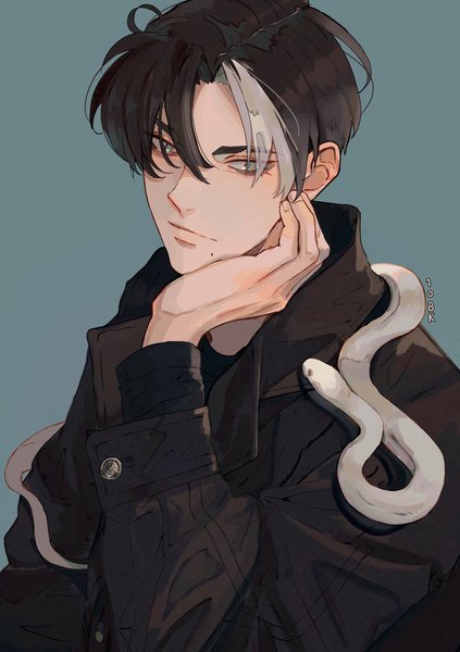 Anime picture 1263x1792 with original 1o8k single tall image short hair black hair simple background looking away upper body multicolored hair mole grey eyes streaked hair mole under mouth boy animal jacket snake reptile white snake