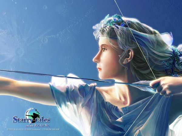 Anime picture 1600x1200 with kagaya single profile realistic 3d girl hair ornament moon bow (weapon) arrow (arrows)