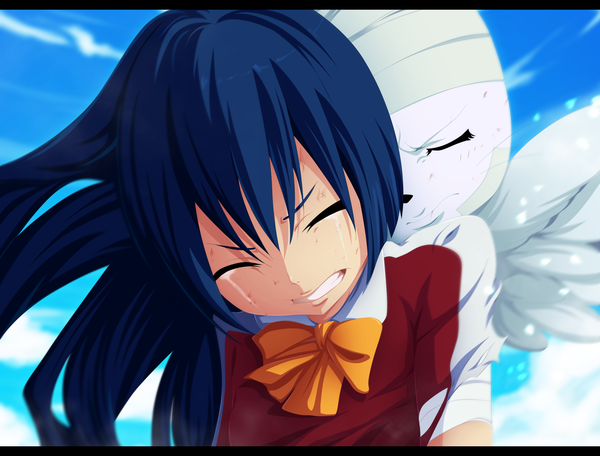Anime picture 5000x3808 with fairy tail wendy marvell charle (fairy tail) blazing-wizard long hair highres blue hair absurdres sky cloud (clouds) eyes closed loli tears grin coloring torn clothes crying girl animal bowtie