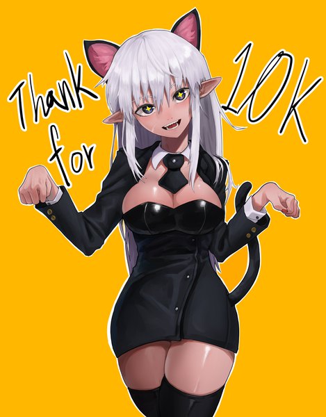 Anime picture 3201x4096 with original eungi single tall image looking at viewer highres open mouth blue eyes light erotic simple background animal ears yellow eyes payot absurdres cleavage white hair tail long sleeves nail polish animal tail
