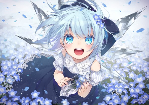 Anime picture 2125x1505 with touhou cirno toutenkou single looking at viewer blush highres short hair open mouth blue eyes bare shoulders signed blue hair from above wind teeth girl flower (flowers) bow hair bow