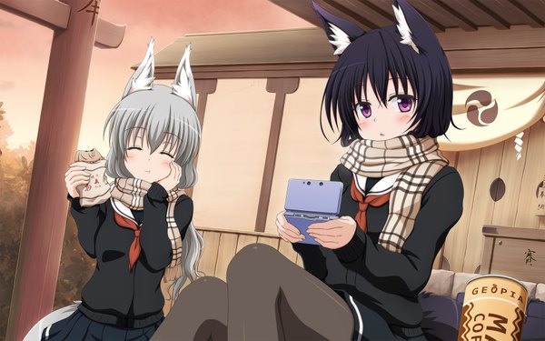 Anime picture 1920x1200 with original shira-nyoro long hair blush highres short hair open mouth black hair wide image sitting purple eyes multiple girls animal ears eyes closed grey hair eating girl skirt uniform 2 girls