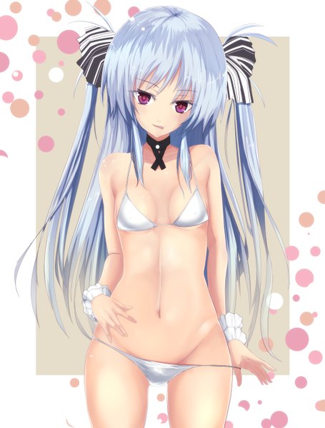 Anime picture 2200x2900 with original cafe au lait (kafeore) single long hair tall image blush highres light erotic smile purple eyes twintails bare shoulders blue hair :p girl navel hair ornament swimsuit bikini tongue
