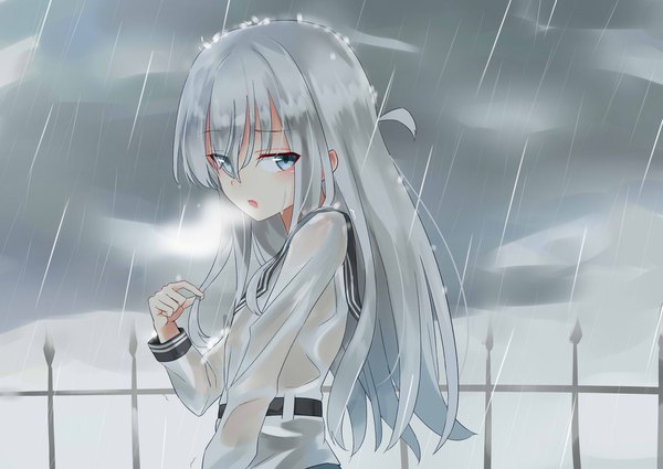 Anime picture 2047x1450 with kantai collection hibiki destroyer verniy destroyer 100% single long hair looking at viewer blush fringe highres open mouth blue eyes hair between eyes standing holding sky silver hair cloud (clouds) upper body ahoge