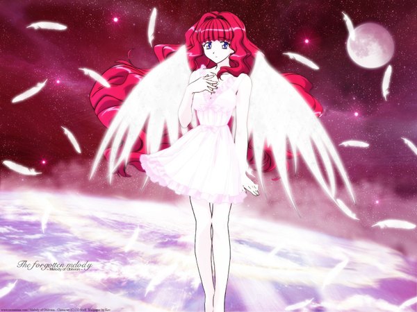 Anime picture 1600x1200 with melody of oblivion j.c. staff the melody of oblivion (character) single long hair purple eyes signed red hair copyright name character names third-party edit white wings space girl dress wings white dress moon feather (feathers) full moon